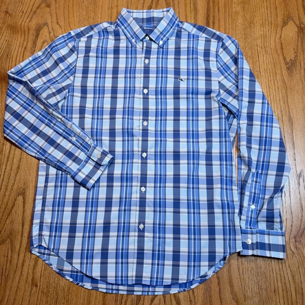 Vineyard Vines Whale‎ Shirt Mens Med Blue Plaid Button Down Stretch Performance - Picture 3 of 7